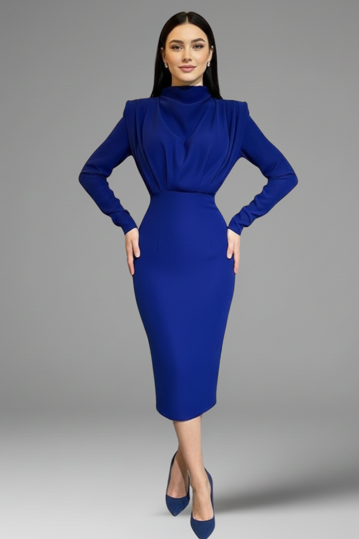 Isolde | Women's High Neckline Long Sleeve Summer Midi Dress