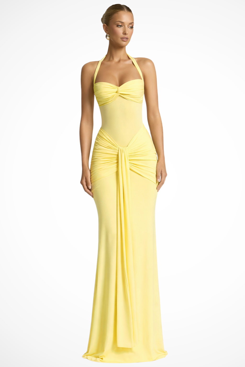 Walia | Elegant Women Halter Neck Ruched Wedding Guest Maxi Dress