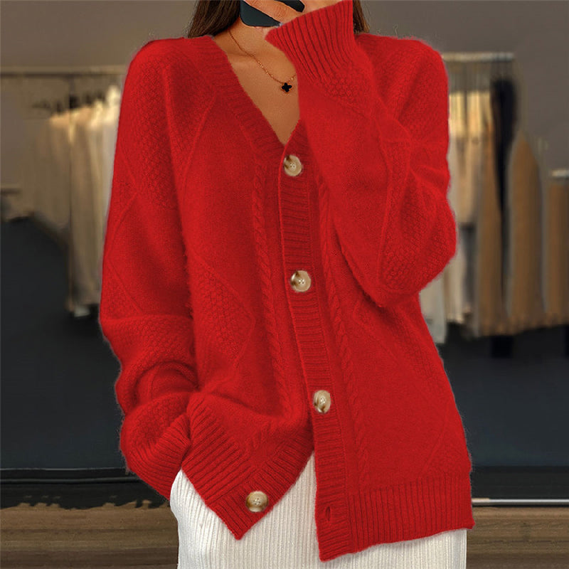 Eliza cable knit V-neck cardigan in red, front view