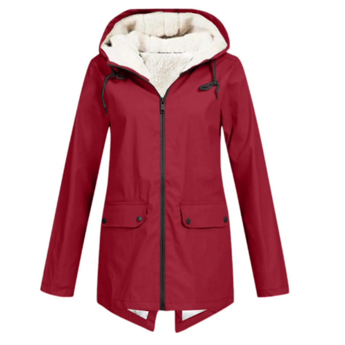 Elodie hooded waterproof trench coat in red, front view