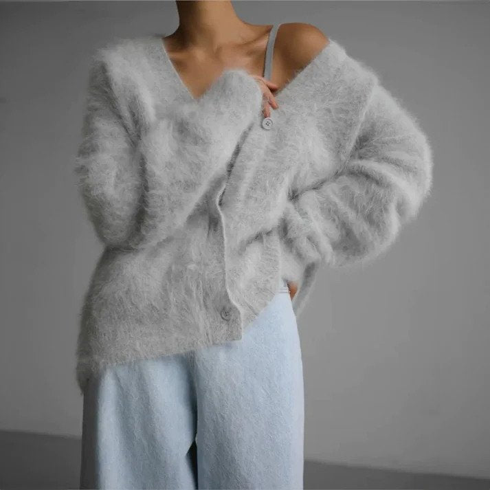 Margot oversized fuzzy knit cardigan in light grey, draped off-shoulder view