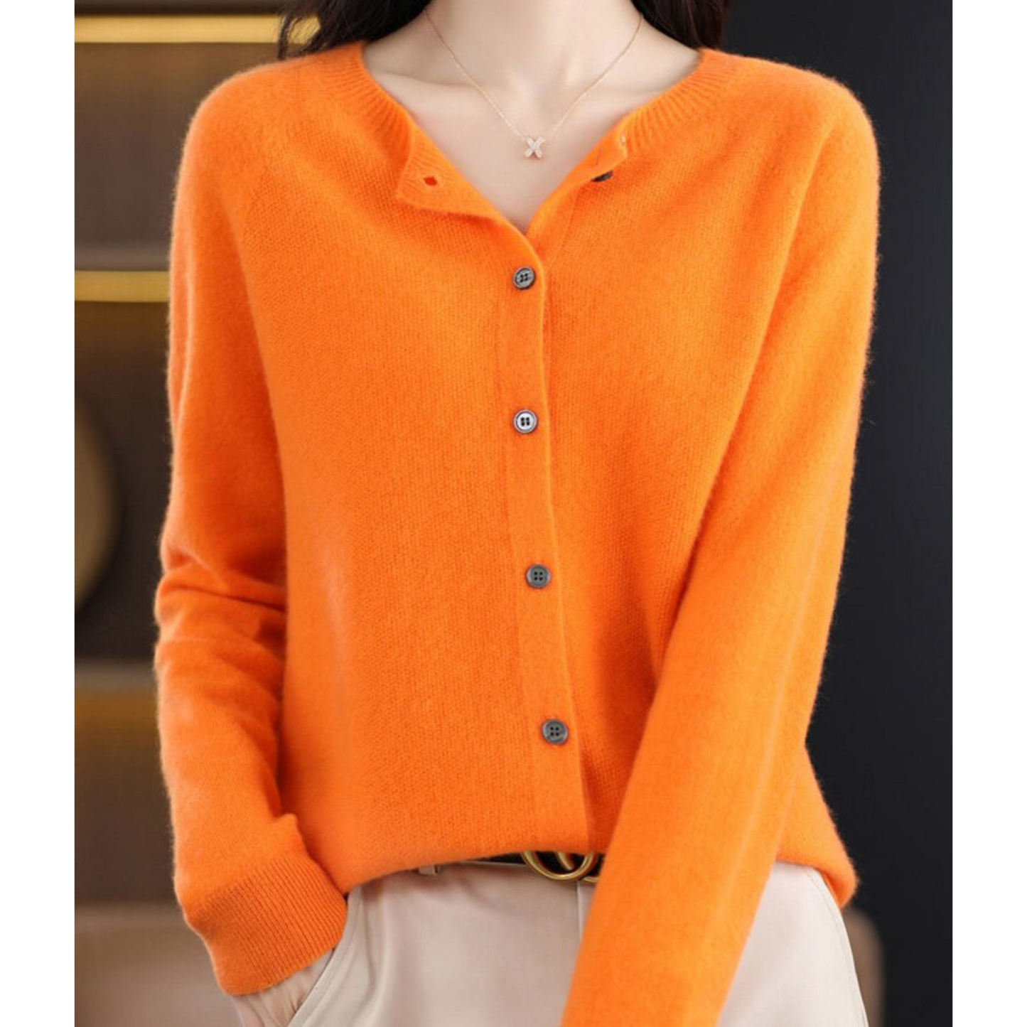 Margot cashmere knit cardigan in orange, front view