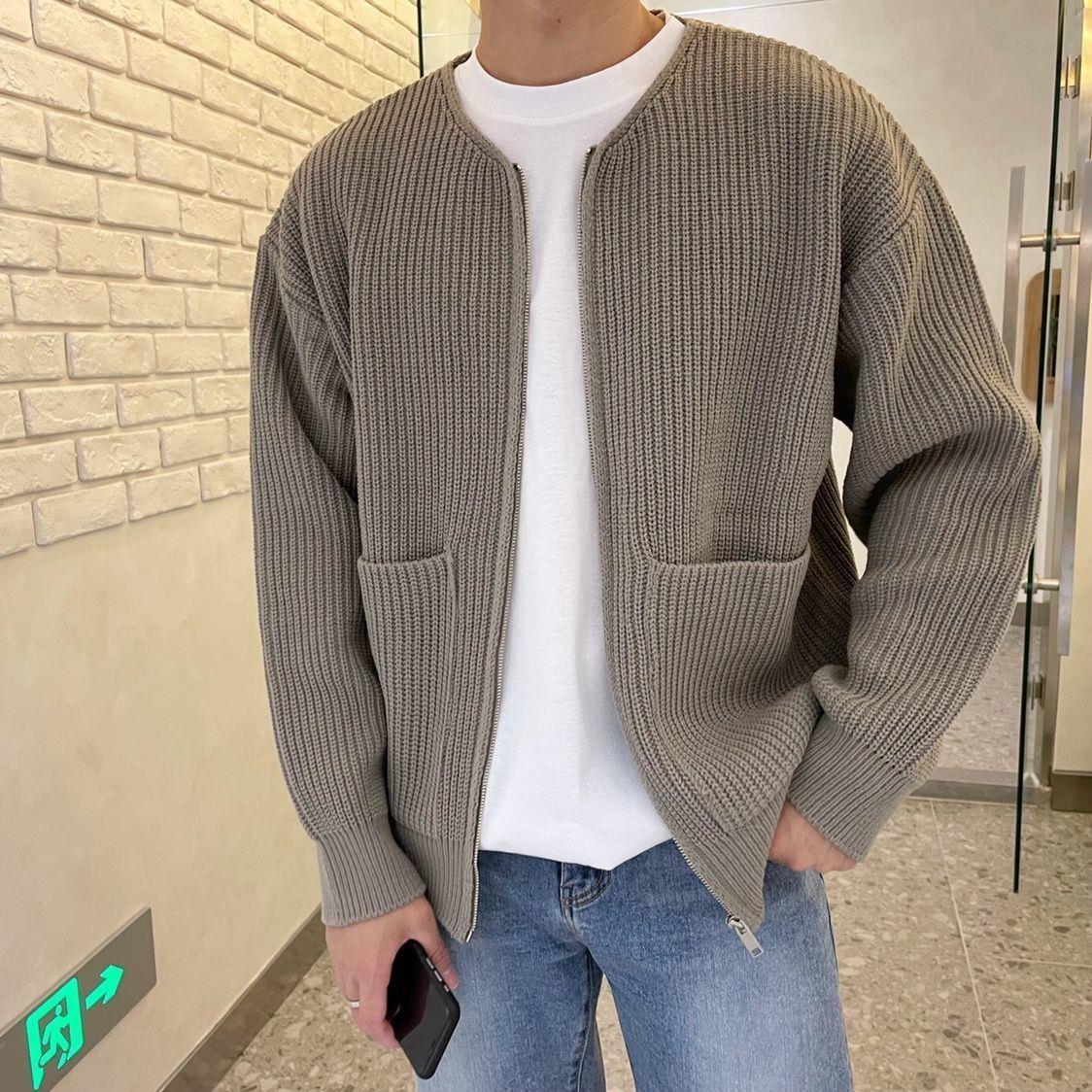 Miles ribbed knit zip-up cardigan in taupe, close-up front view showing front pockets