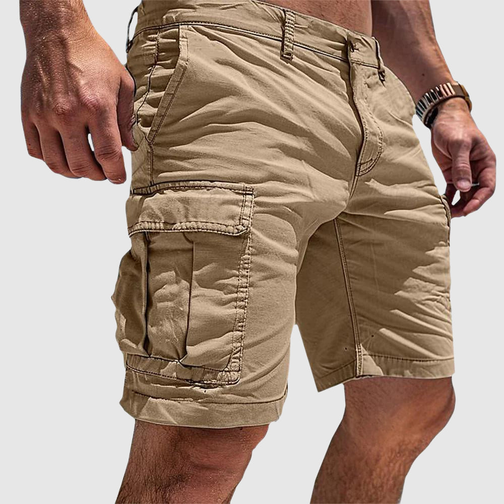 Ruben cargo shorts in khaki, side profile showing knee-length fit