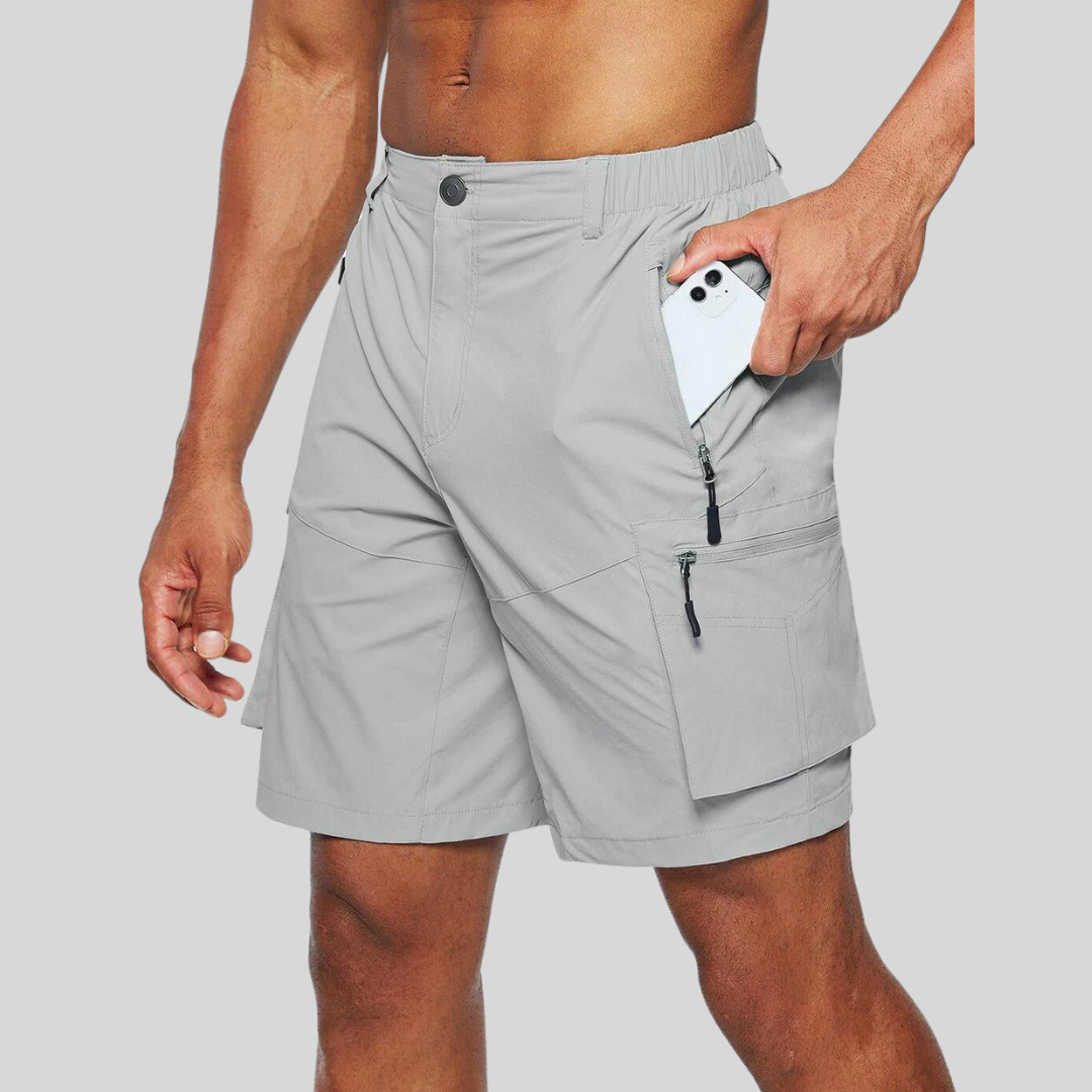 Sven light grey cargo shorts with phone in zip pocket