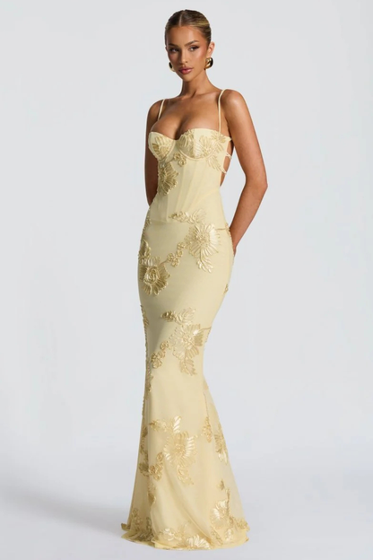 Arabella | Women's Wedding Guest Floral Embroidered Corset Maxi Dress