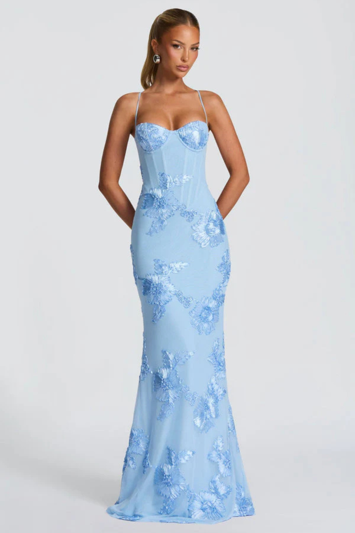 Arabella | Women's Wedding Guest Floral Embroidered Corset Maxi Dress