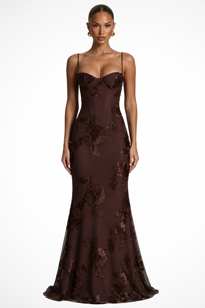 Arabella | Women's Wedding Guest Floral Embroidered Corset Maxi Dress