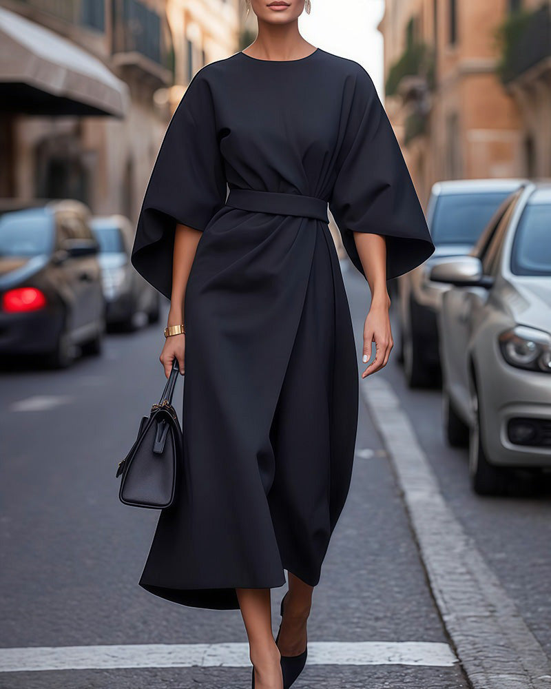 Aurelia | Women Midi Dress Lantern Sleeves Belted