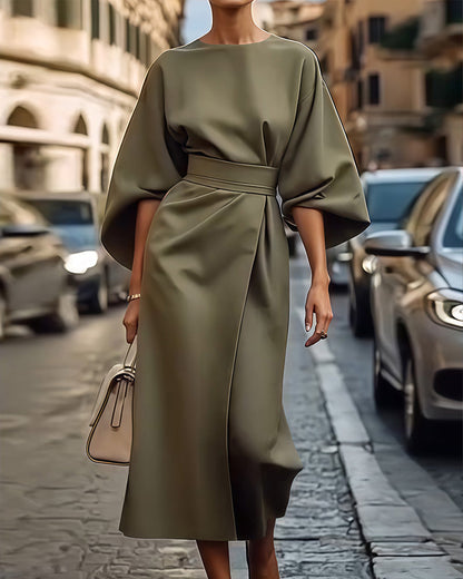 Aurelia | Women Midi Dress Lantern Sleeves Belted