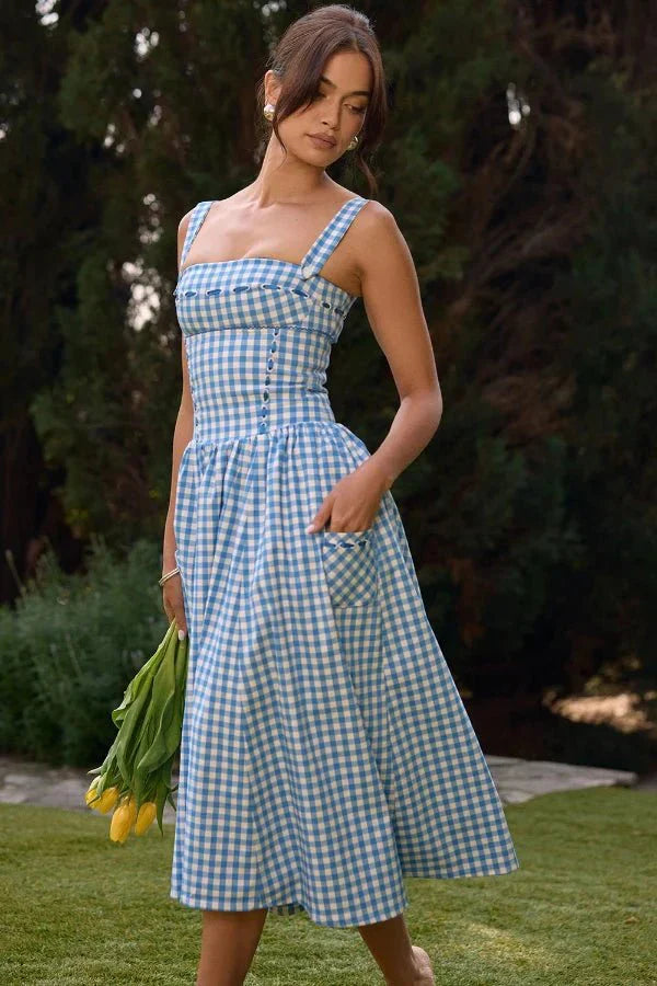 Esther | Women's Gingham Pockets Midi Sundress