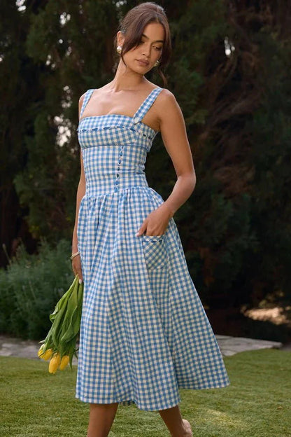 Esther | Women's Gingham Pockets Midi Sundress