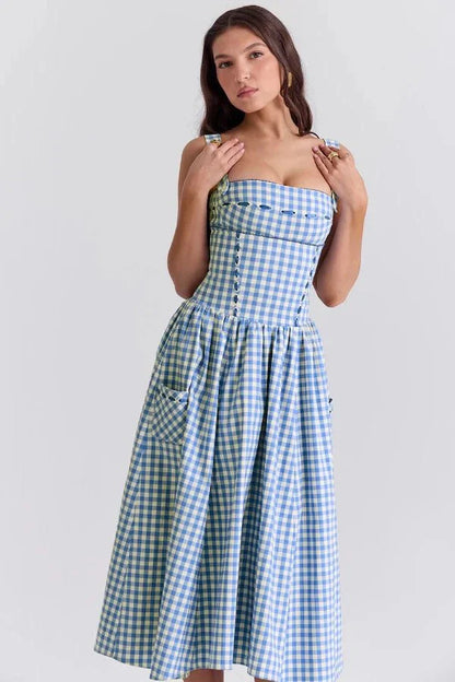 Esther | Women's Gingham Pockets Midi Sundress