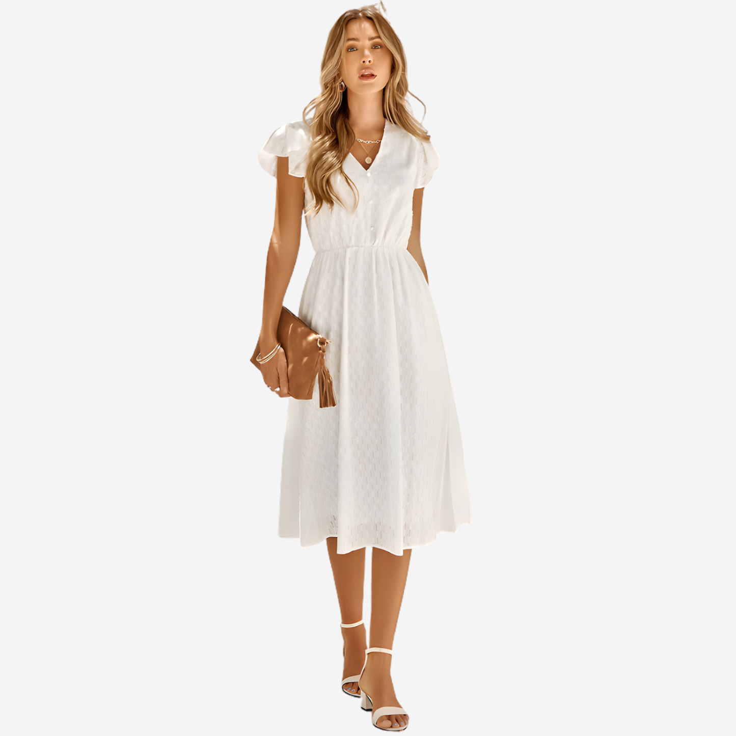 Evie | Women Short Sleeve Ruffle Midi Dress Flattering Fit