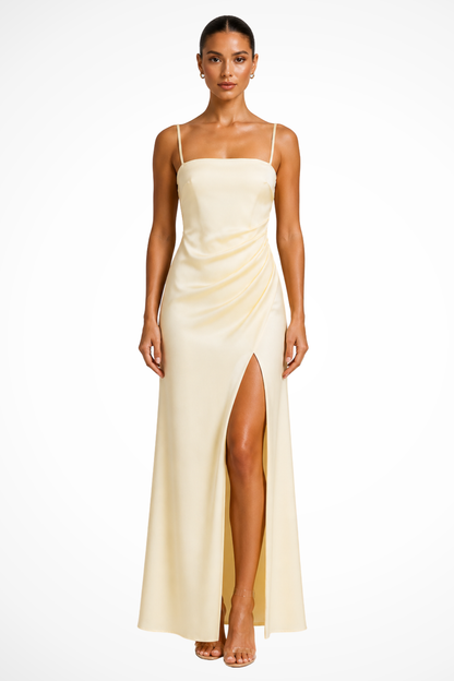 Freya | Women's Wedding Guest Square Neck Satin Maxi Split Dress