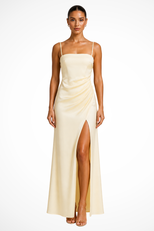 Freya | Women's Wedding Guest Square Neck Satin Maxi Split Dress