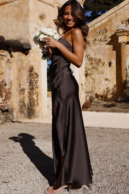 Freya | Women's Wedding Guest Square Neck Satin Maxi Split Dress