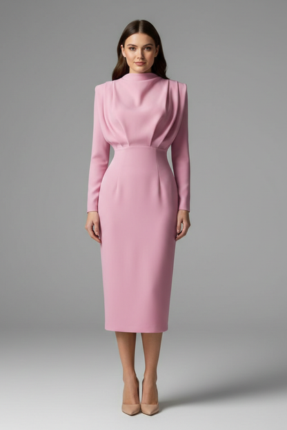 Isolde | Women's High Neckline Long Sleeve Summer Midi Dress