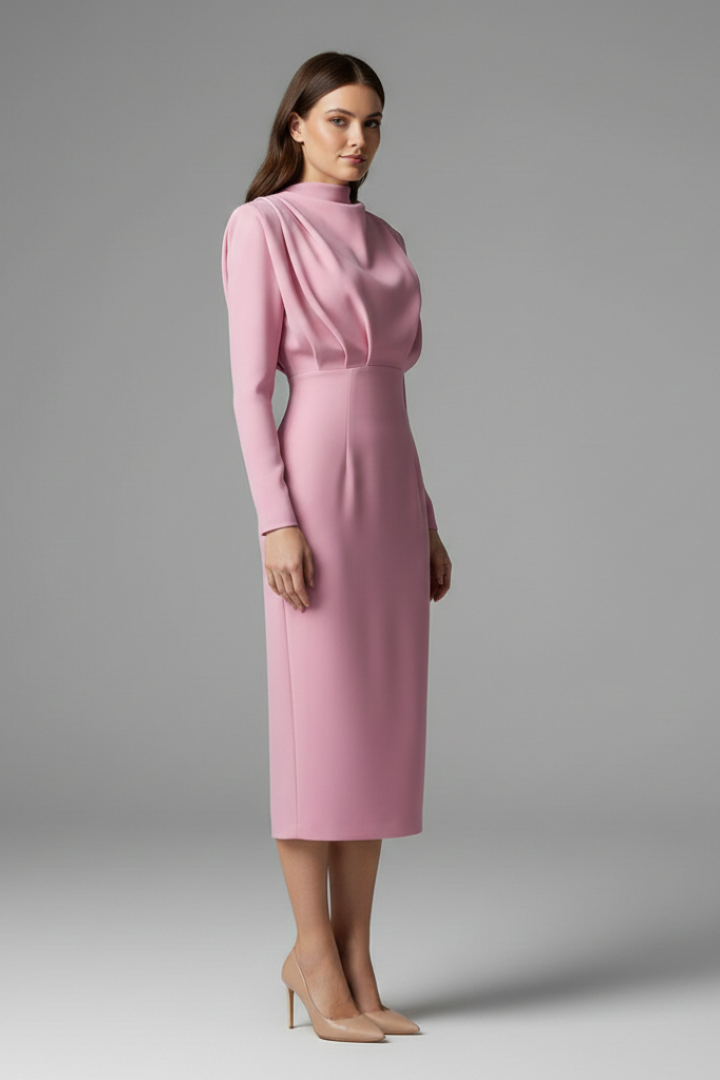 Isolde | Women's High Neckline Long Sleeve Summer Midi Dress