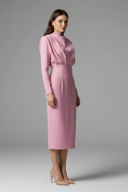 Isolde | Women's High Neckline Long Sleeve Summer Midi Dress