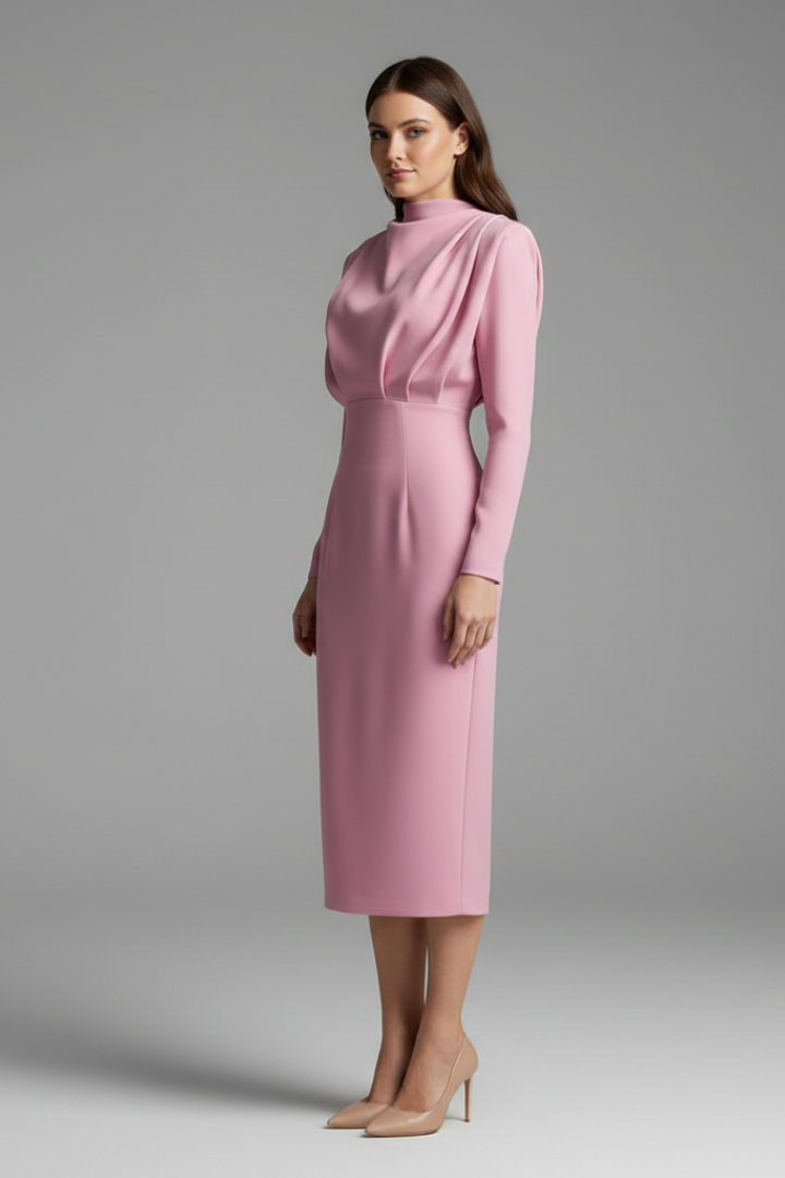 Isolde | Women's High Neckline Long Sleeve Summer Midi Dress