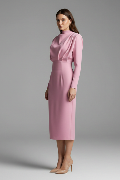 Isolde | Women's High Neckline Long Sleeve Summer Midi Dress