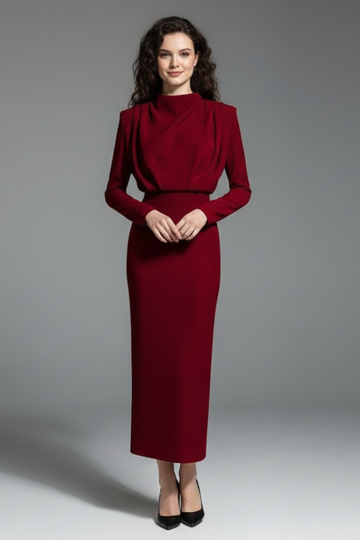 Isolde | Women's High Neckline Long Sleeve Summer Midi Dress
