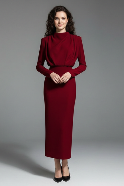 Isolde | Women's High Neckline Long Sleeve Summer Midi Dress