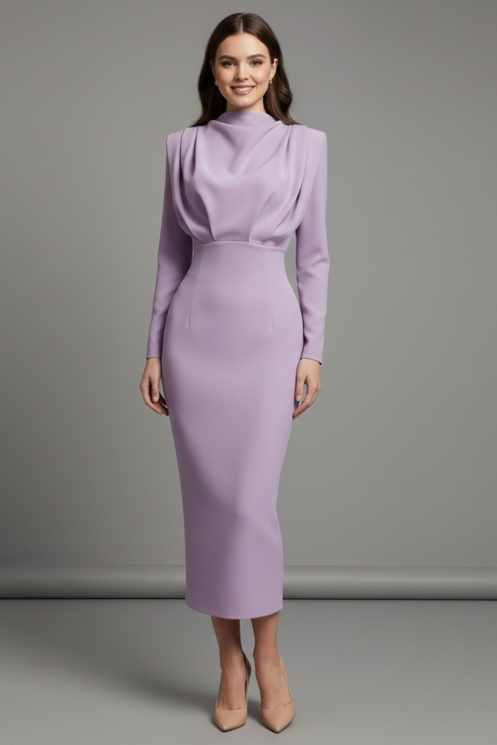 Isolde | Women's High Neckline Long Sleeve Summer Midi Dress