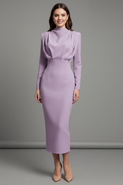 Isolde | Women's High Neckline Long Sleeve Summer Midi Dress