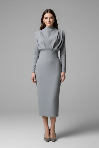 Isolde | Women's High Neckline Long Sleeve Summer Midi Dress
