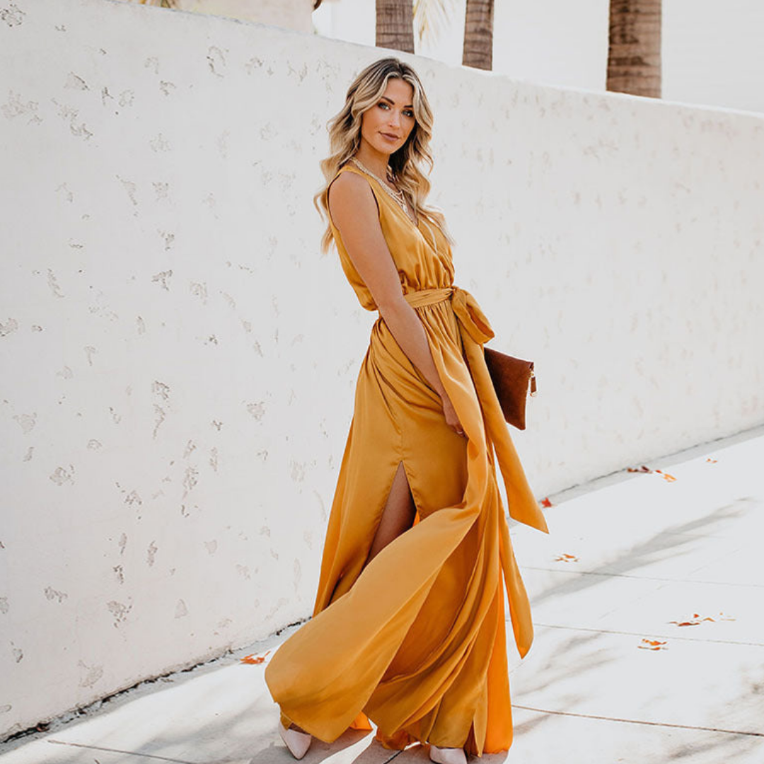 Nora | Women Airy Maxi Dress Side Slit Waist Tie