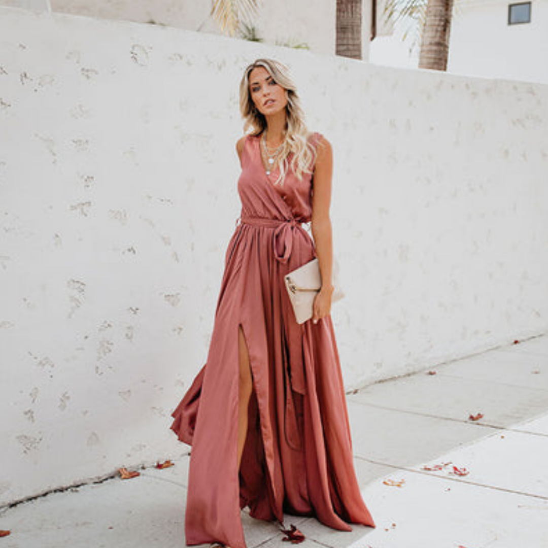 Nora | Women Airy Maxi Dress Side Slit Waist Tie