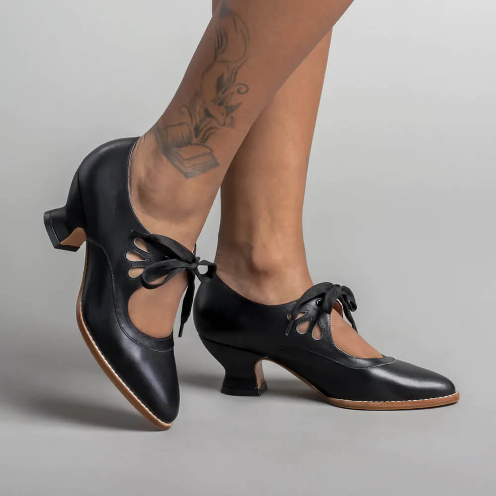 Penelope | Women's Vintage Leather Cut Out Bow Heels Lace Up