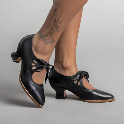 Penelope | Women's Vintage Leather Cut Out Bow Heels Lace Up