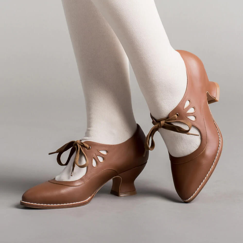 Penelope | Women's Vintage Leather Cut Out Bow Heels Lace Up