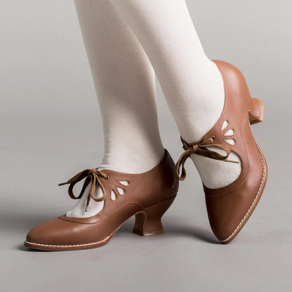 Penelope | Women's Vintage Leather Cut Out Bow Heels Lace Up