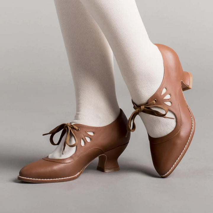 Penelope | Women's Vintage Leather Cut Out Bow Heels Lace Up