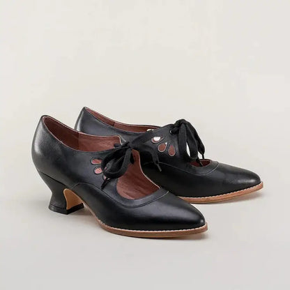 Penelope | Women's Vintage Leather Cut Out Bow Heels Lace Up