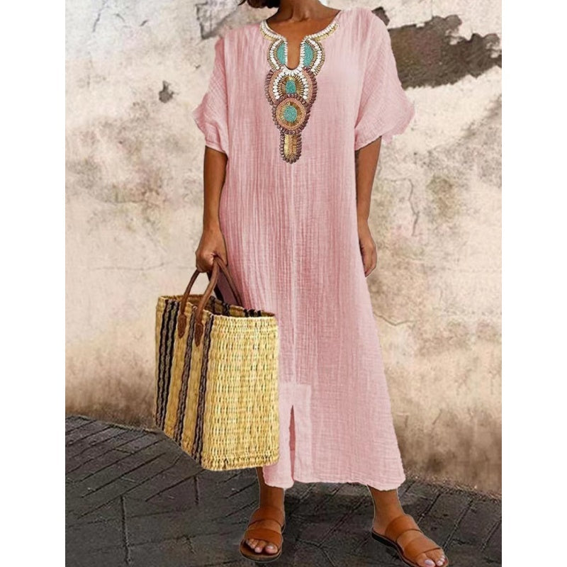 Saskia | Women Embroidered Linen Maxi Dress Summer Style