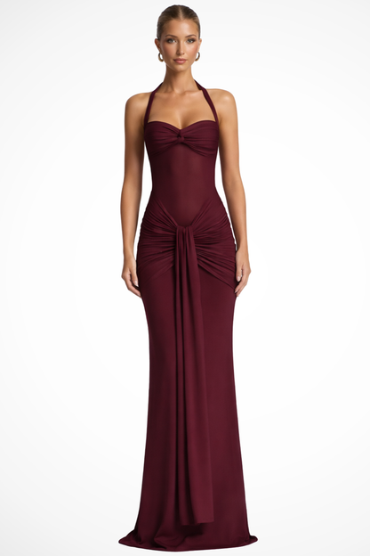 Walia | Elegant Women Halter Neck Ruched Wedding Guest Maxi Dress