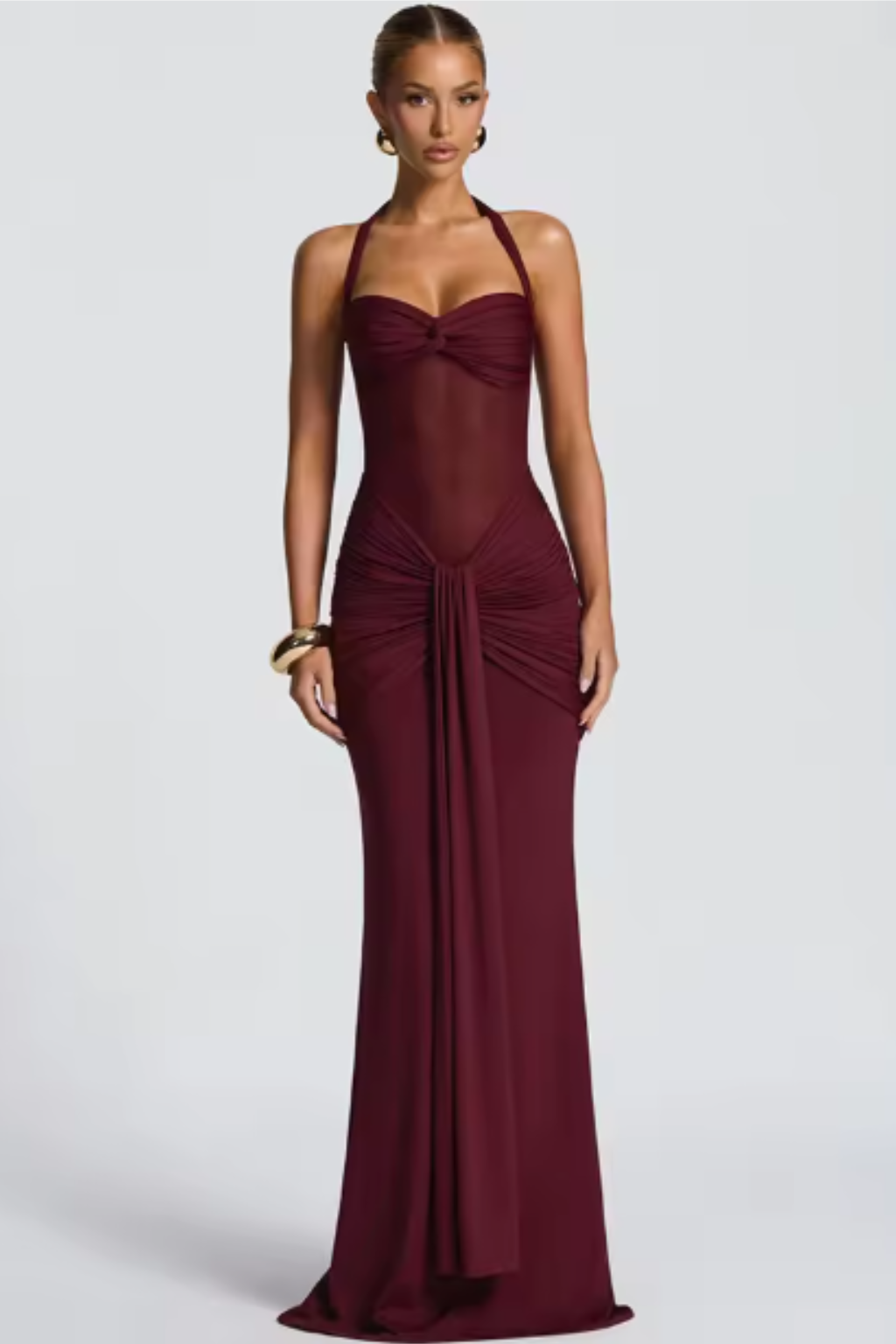 Walia | Elegant Women Halter Neck Ruched Wedding Guest Maxi Dress