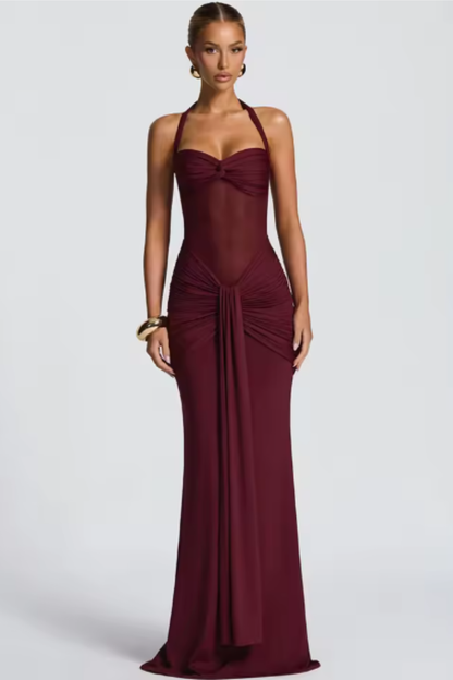 Walia | Elegant Women Halter Neck Ruched Wedding Guest Maxi Dress