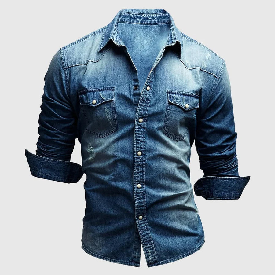 Arlo dark wash denim shirt, front view, flat lay