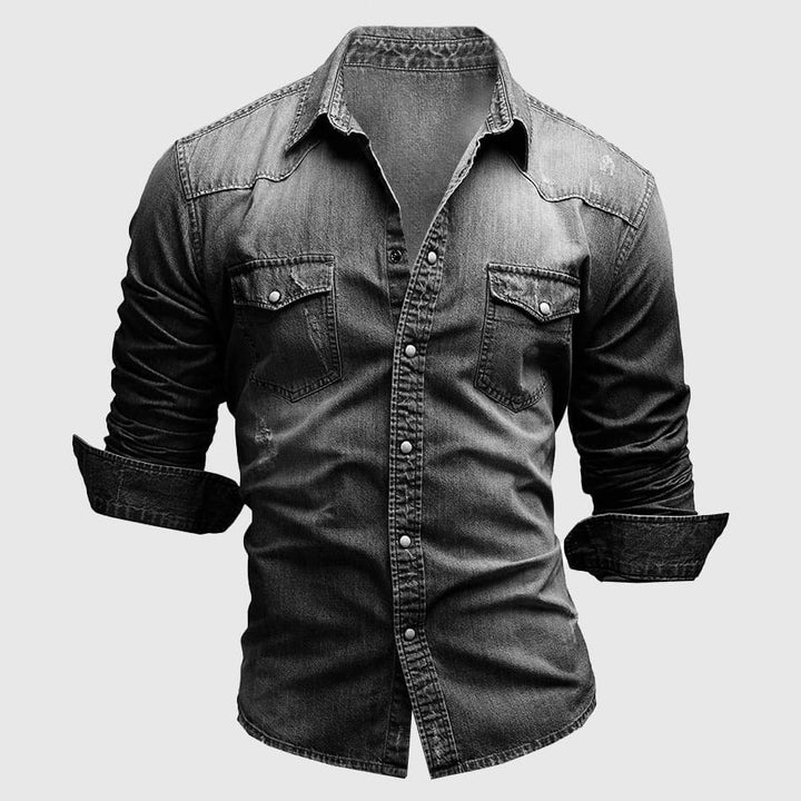 Arlo black wash denim shirt, front view, flat lay