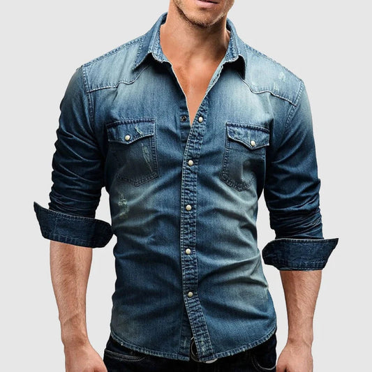 Arlo dark wash denim shirt worn by model, front view