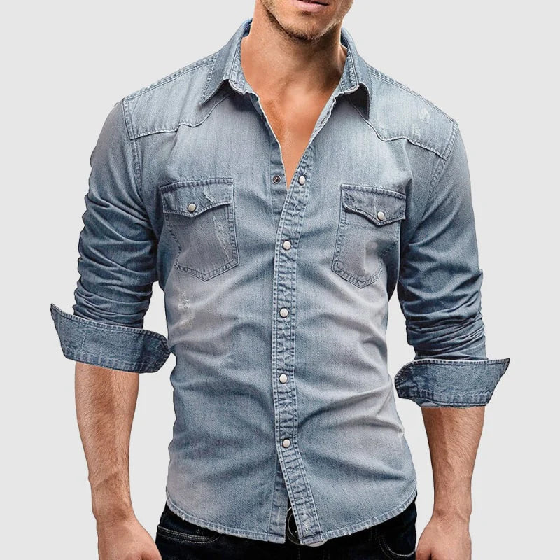 Arlo light wash denim shirt worn by model, front view
