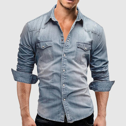 Arlo light wash denim shirt worn by model, front view