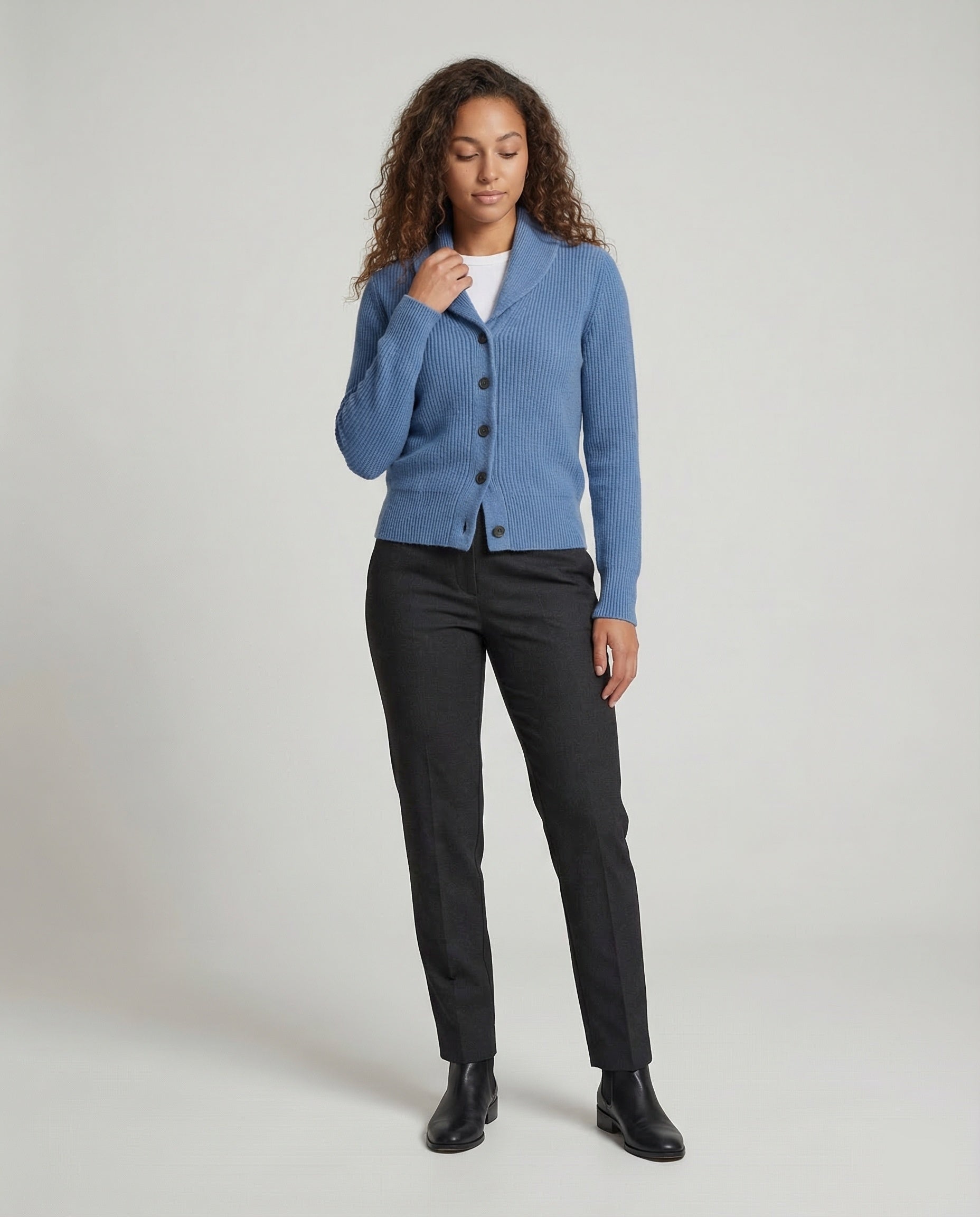 Beatrice shawl collar ribbed cardigan, front view with hand at collar