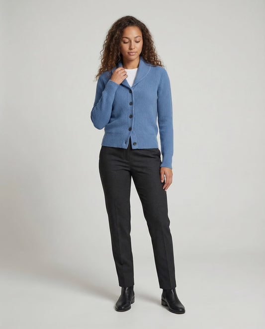 Beatrice shawl collar ribbed cardigan, front view with hand at collar
